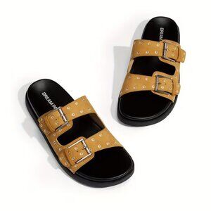 Dream Pairs Women Sandals - Punk Style Double Buckle Strap, Open-Toe Gold